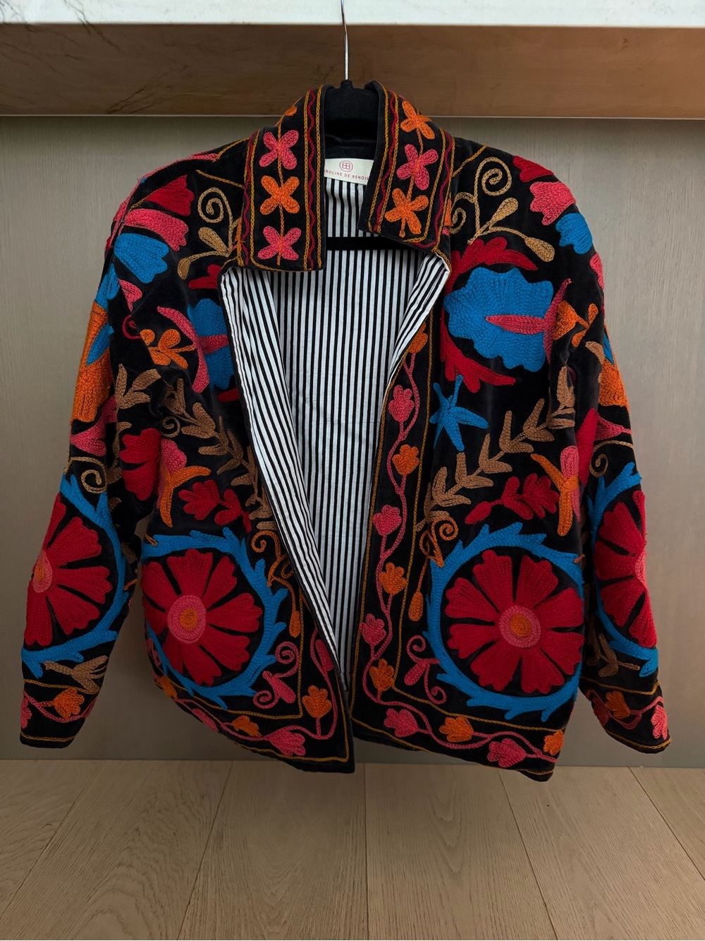 Embroidered Floral Black Teddy Jacket with Multicolor Accents